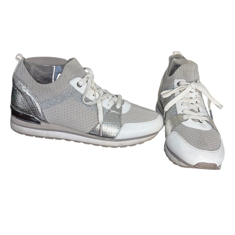 Michael Kors Billie Silver Knit Sock Sneakers Metallic Accent Lace Up‎ Size 10M